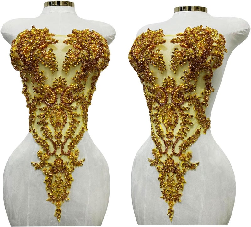 ArtistryXB Handmade Rhinestones Lace Bodice Applique Sew on Beads Sequins Trimming Patches for Dress Clothing Accessories 1Pcs/Bag (Gold) - Image 1